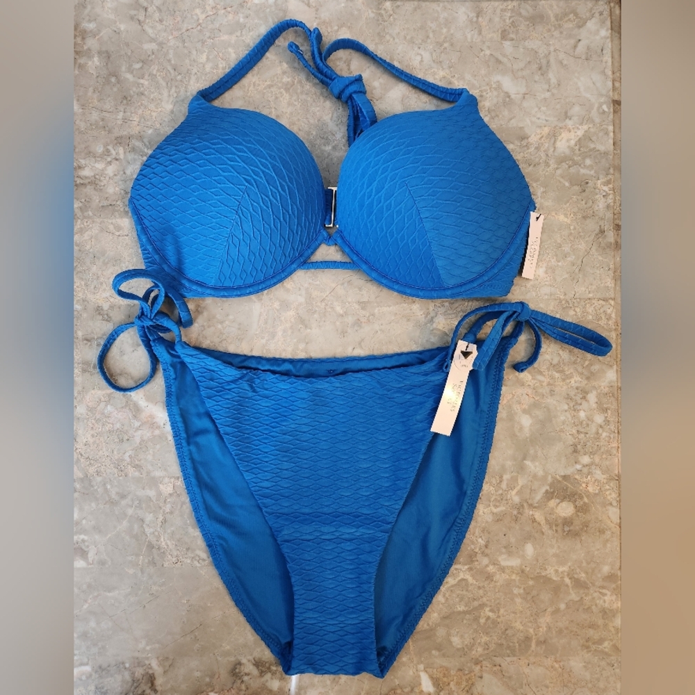 36A/L VS Swim Bombshell PushUp Bikini Top Side Tie Cheeky Bikini Set Blue